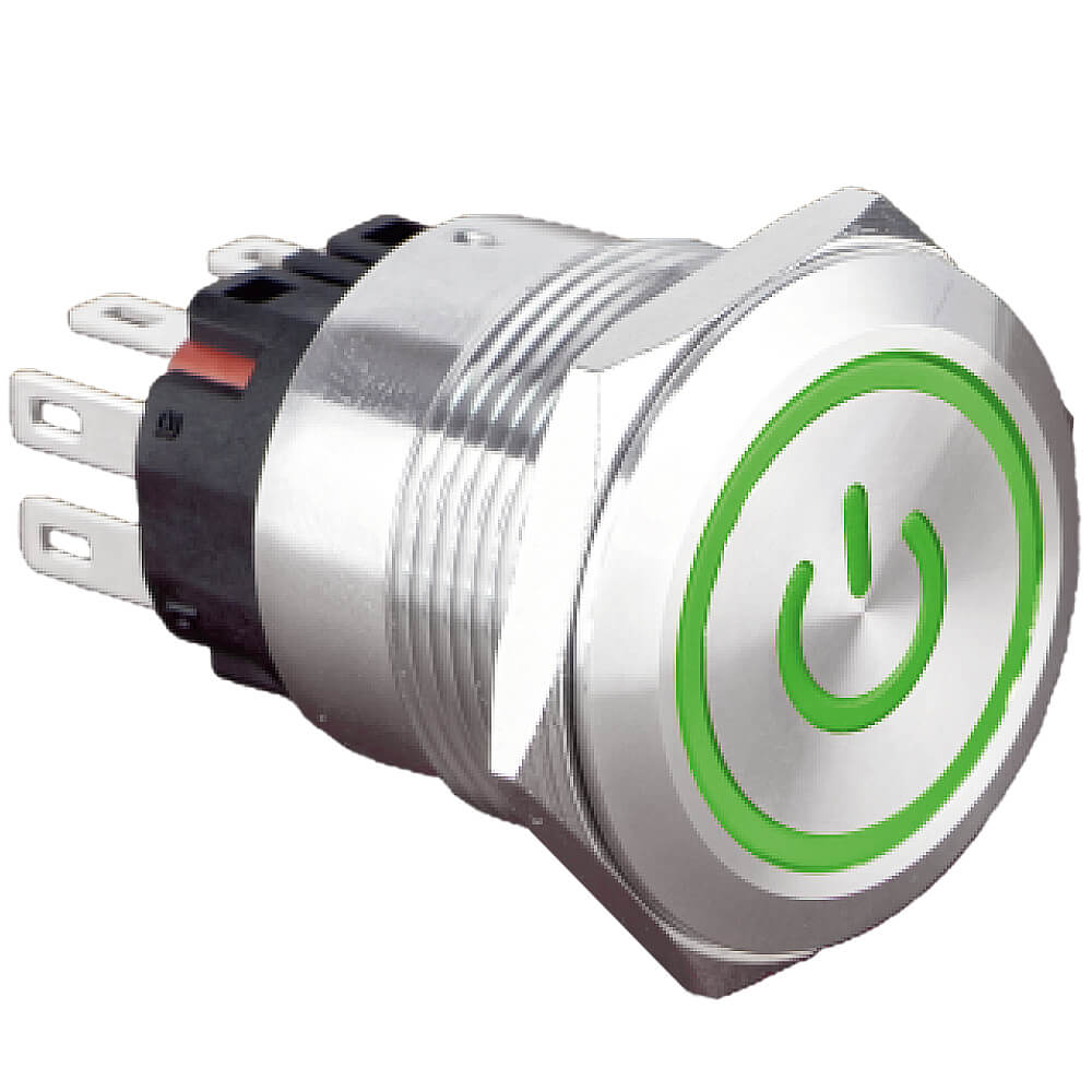Poussoir antivandalisme a led verte logo power diametre 22