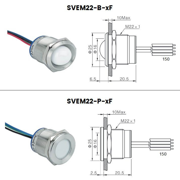 Dimensions témoins tri led diametre 22