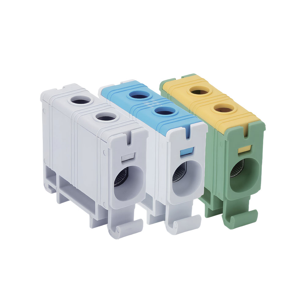 Bloc de jonction 135A 1 pôle 2 câbles 35 mm² rail DIN distribution électrique industrielle gris bleu jaune vert