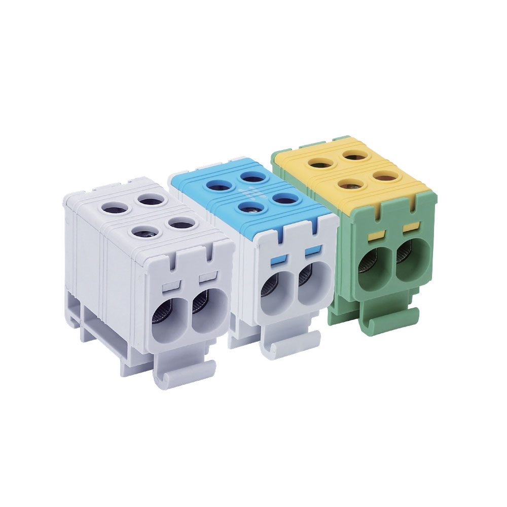 Bloc de jonction 1 pôle 4 câbles 135A pour conducteurs cuivre ou aluminium jusqu’à 35 mm² gris bleu jaune vert