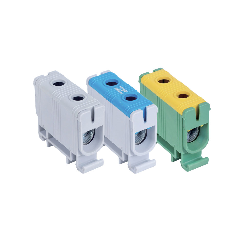 Bloc de jonction 320A 1 pôle 2 câbles forte section 150 mm² rail DIN distribution puissance gris bleu jaune vert