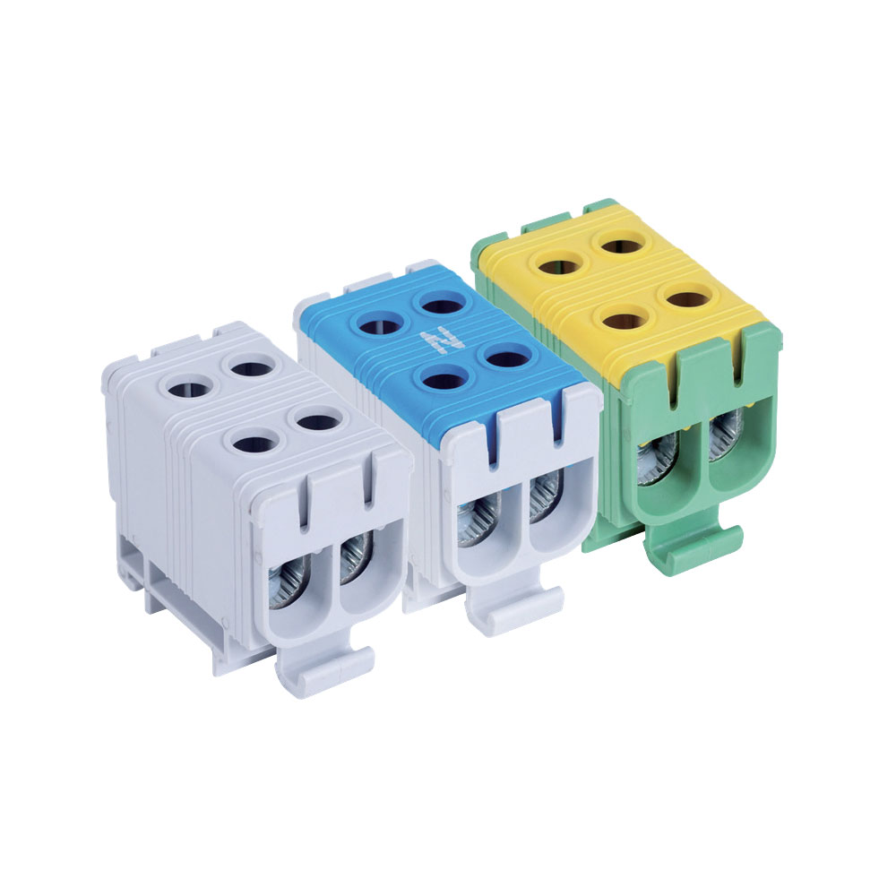 Bloc de jonction 1 pôle 4 câbles 160A pour conducteurs cuivre ou aluminium jusqu’à 50 mm² gris bleu jaune vert