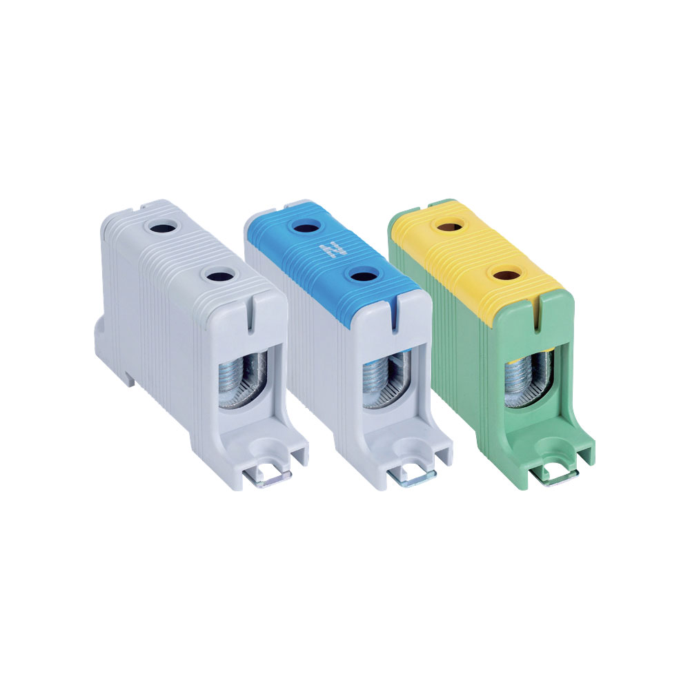 Bloc de jonction 245A 1 pôle 2 câbles 95 mm² rail DIN distribution puissance industrielle gris bleu jaune vert
