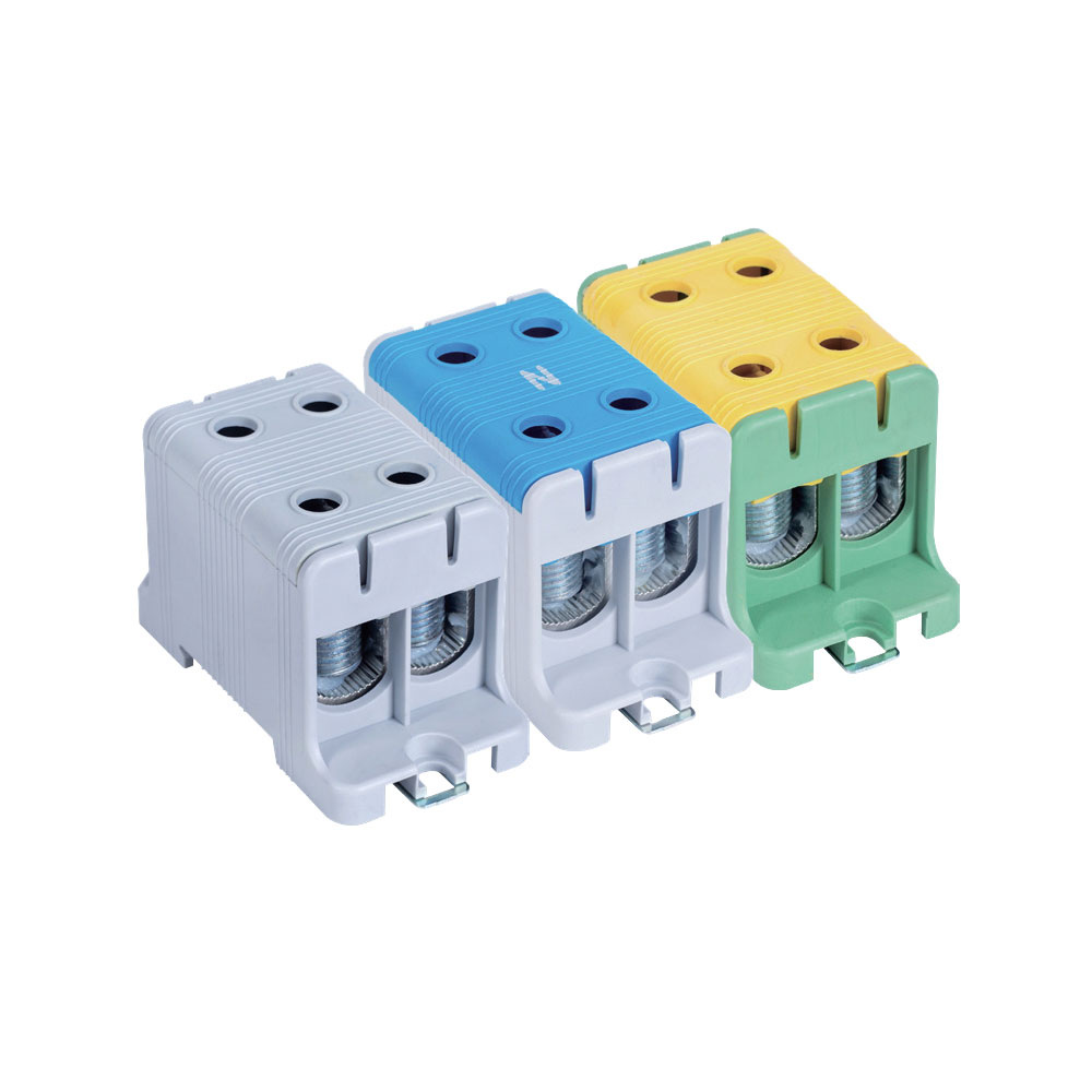 Bloc de jonction 1 pôle 4 câbles 245A pour conducteurs cuivre ou aluminium jusqu’à 95 mm² gris bleu jaune vert