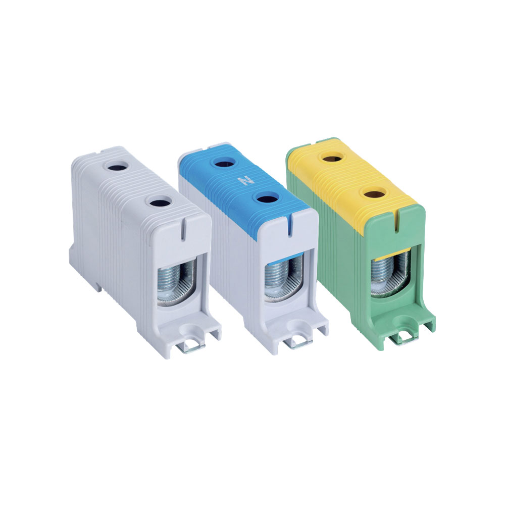 Bloc de jonction 1 pôle 2 câbles 320A pour câbles cuivre ou aluminium gris bleu jaune vert