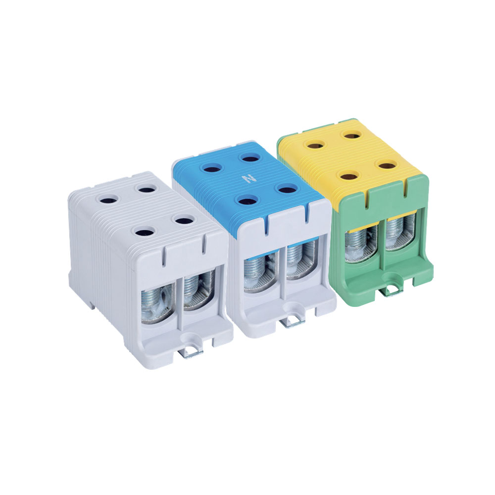 Bloc de jonction 1 pôle 4 câbles 245A pour conducteurs cuivre ou aluminium jusqu’à 95 mm² gris bleu jaune vert