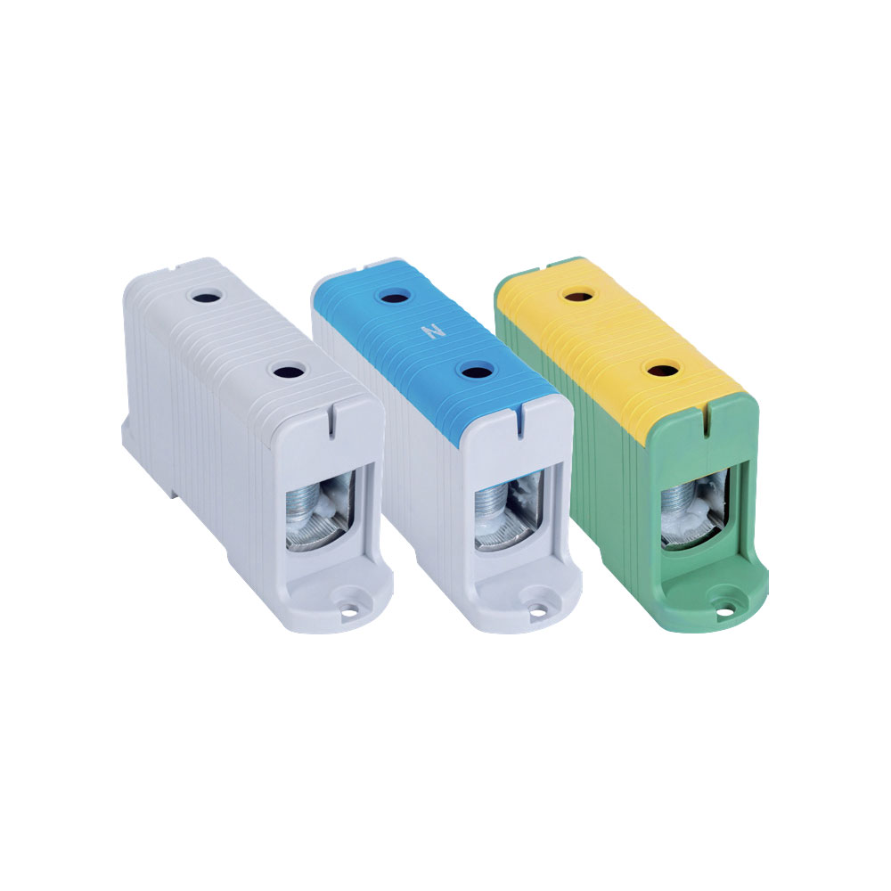 Bloc de jonction 1 pôle 2 câbles 425A avec sortie secondaire pour câbles cuivre ou aluminium gris bleu jaune vert