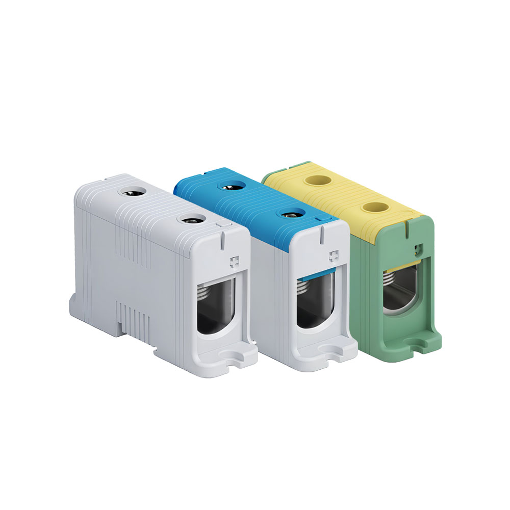 Bloc de jonction 1 pôle 2 câbles 520A avec sortie secondaire pour câbles cuivre ou aluminium gris bleu jaune vert