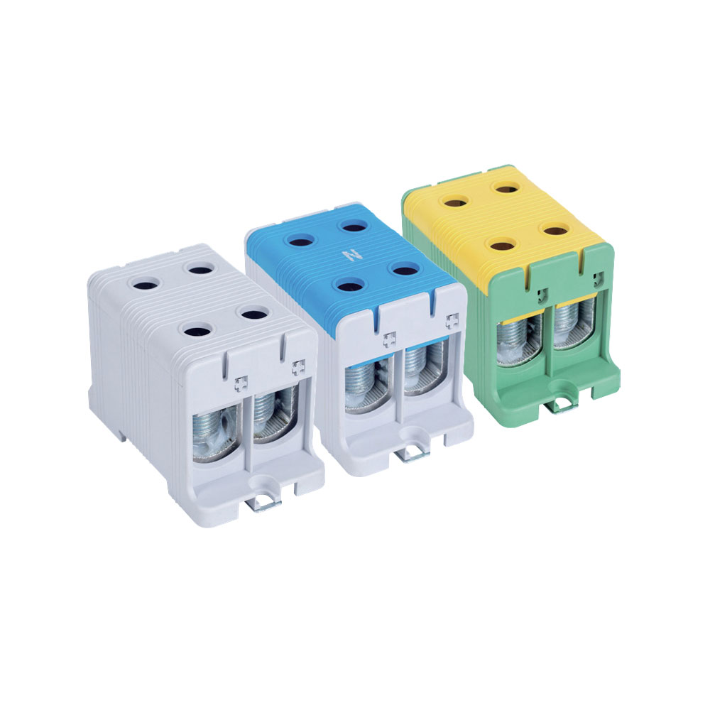 Bloc de jonction 1 pôle 4 câbles 520A avec sortie secondaire pour câbles cuivre ou aluminium jusqu’à 300 mm² gris bleu jaune vert