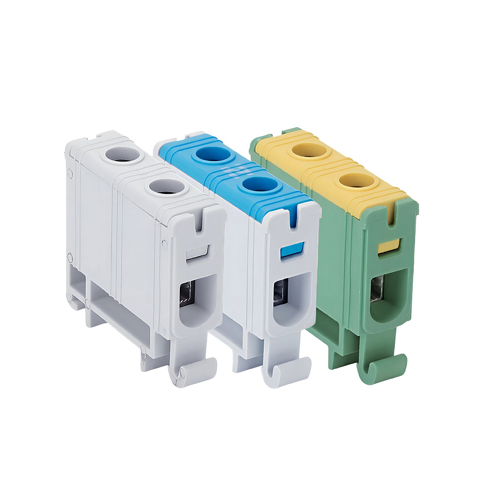 Bloc de jonction 85A 1 pôle 2 câbles rail DIN cuivre aluminium distribution électrique modulaire gris bleu jaune vert