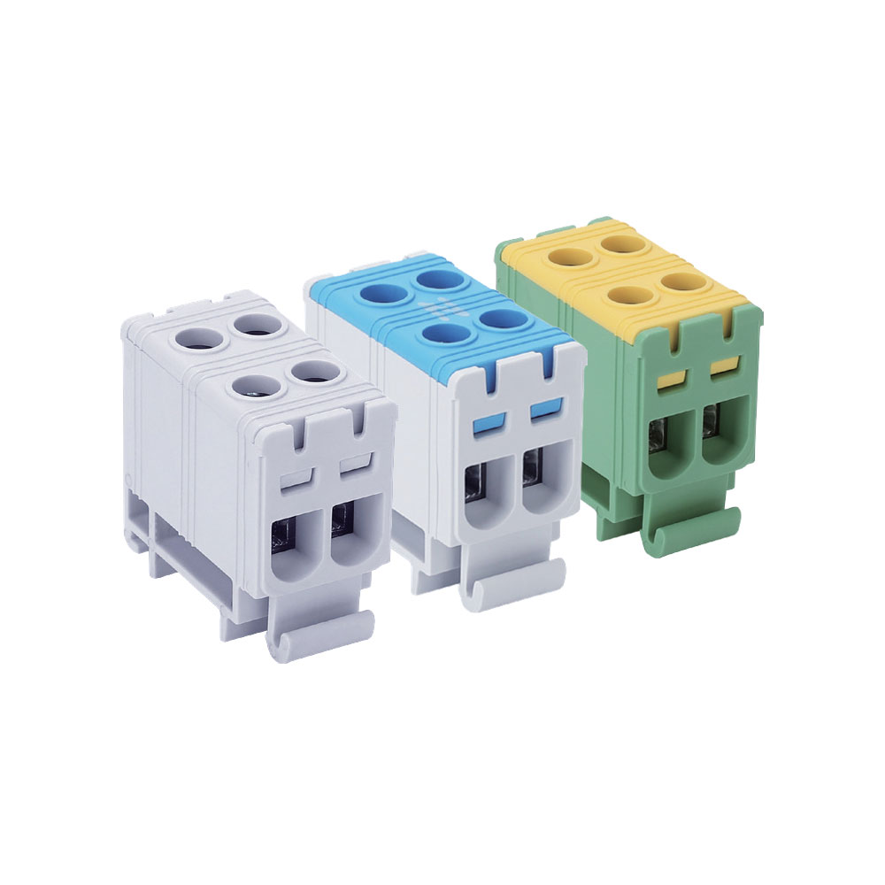 Bloc de jonction 1 pôle 4 câbles 85A pour conducteurs cuivre ou aluminium jusqu’à 16 mm² gris bleu jaune vert