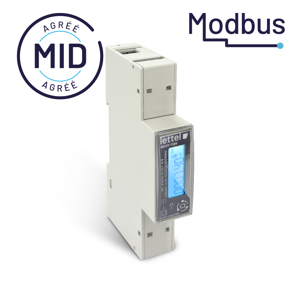 Compteur d’énergie monophasé 100A Modbus MID 1 module DIN