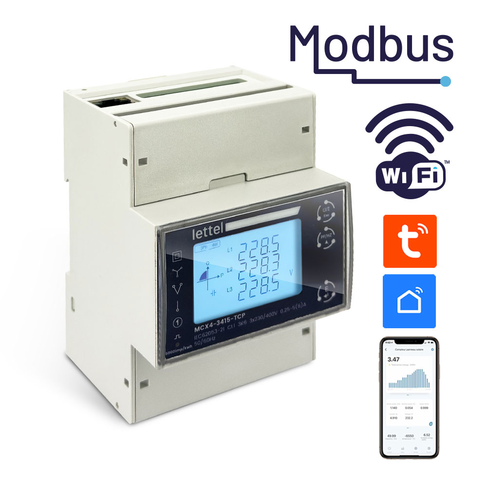 Compteur d’énergie WiFi Modbus monophasé x3 triphasé tétra direct 100A