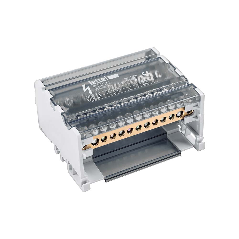 Bornier répartiteur tétrapolaire 40A 13 connexions 500V tableau électrique rail DIN distribution cuivre